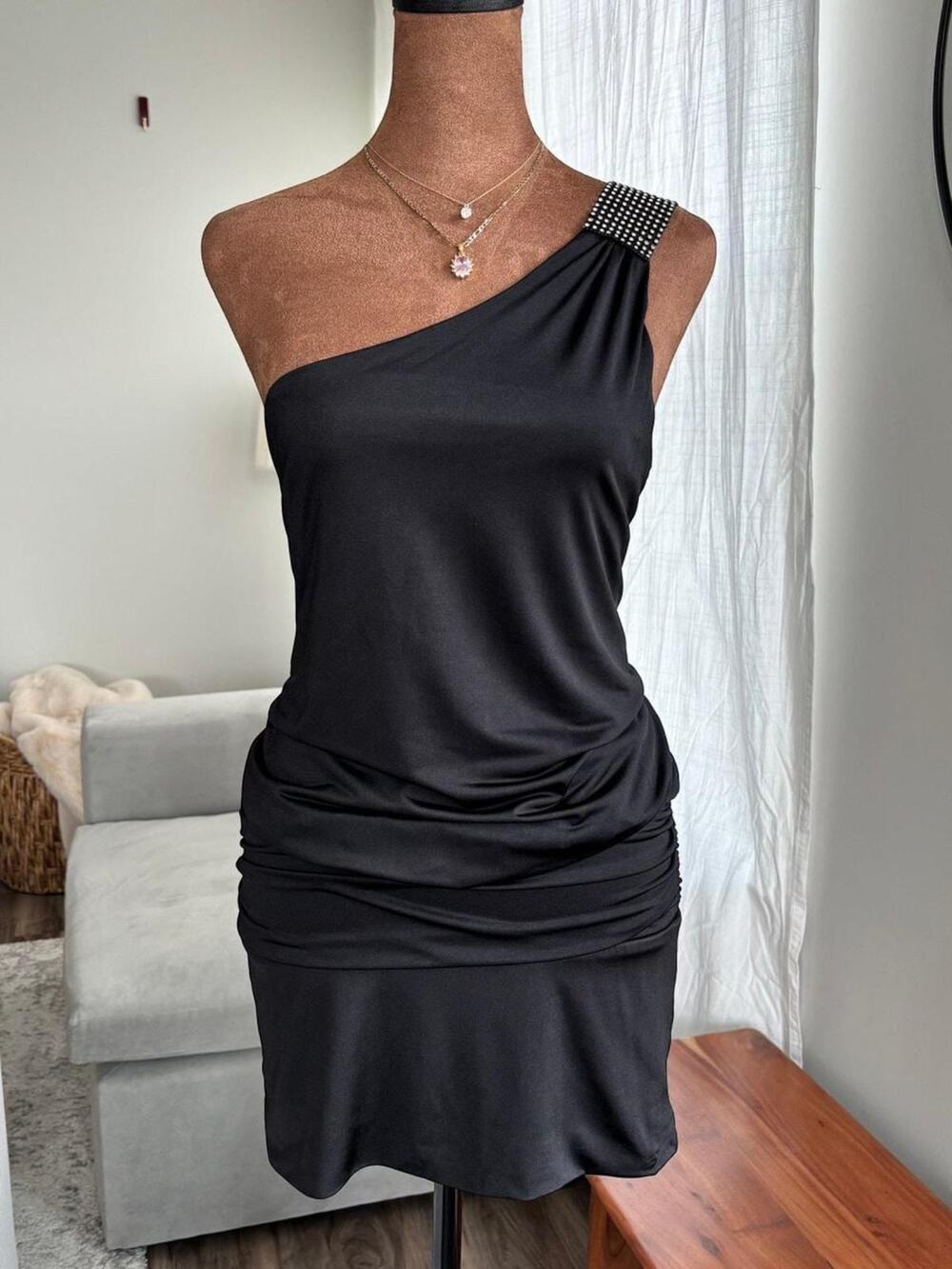 90s Y2K Vintage Speechless One Shoulder Dress Rhinestone Ruched McBling Party XS